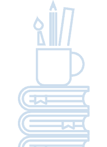 Line illustration of a stack of books with a cup of pencils and a brush