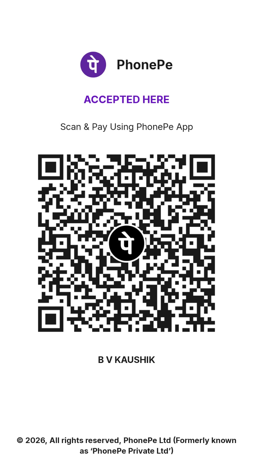 PhonePe UPI QR code for payments to B V Kaushik