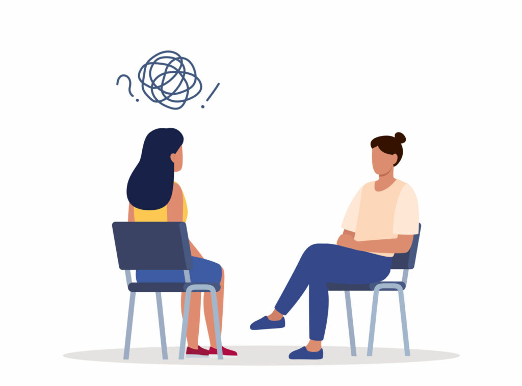 female psychotherapist has an individual session with her patient. talk therapy concept. vector illustration.